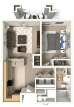 A diagram of a small apartment with a kitchen, living room, and bathroom.